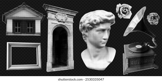 Halftone set of greek sculpture, phonograph,  column, arch, rose, and frame.  Modern dance event poster with cultural patterns and antique music theme.