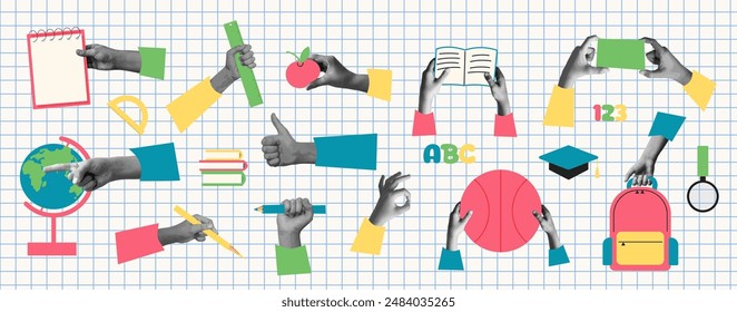 Halftone set of hands hold school supplies . education conception. Back to school. vector illustration. halftone collage