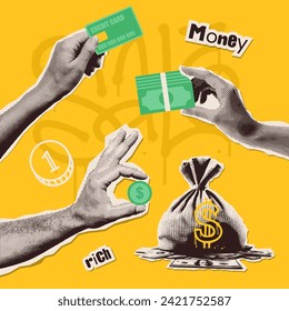 Halftone set of hands with torn out paper collage elements of money theme hand holding banknote, coin, plastic card. Trendy retro 90s, y2k 00s style. Vector illustration.