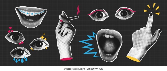 Meio-tom conjunto de lábios, boca, olhos e mãos com elementos de rabiscar. Olhos e lábios com emoção diferente, gesto de mão - fumar cigarro. Colagem de meio-tom recorta elementos para banner ou cartaz. Vetor