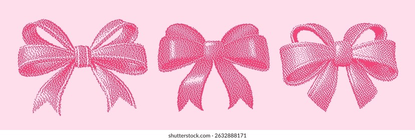 Halftone set of pink pixel bows. Ideal for Y2K designs, girly collages, cute prints, romantic posters, scrapbooking, and nostalgic pop culture projects.