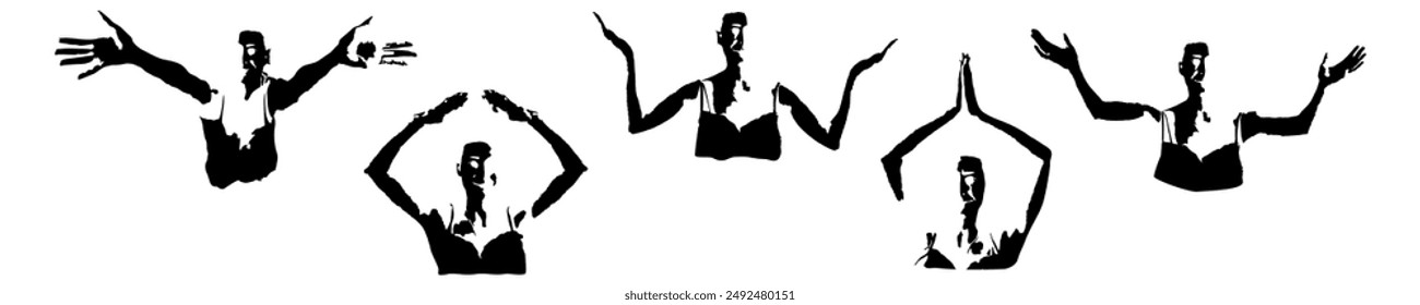 Halftone set of silhouette symbols. Stickers with different poses of people body. Positions of the face and hands. Monochrome torso. Icons for messages, creating an atmosphere, website, avatar. Vector