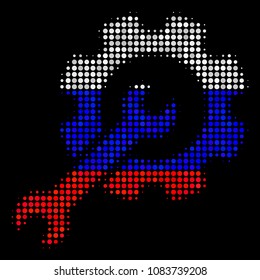Halftone Setup Tools icon colored in Russia official flag colors on a dark background. Vector mosaic of setup tools icon made with spheric blots.