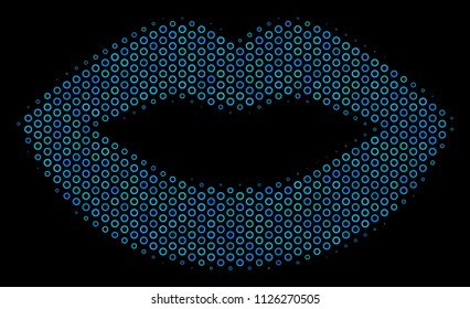 Halftone Sexy lips composition icon of spheres in blue color tinges on a black background. Vector spheric parts are united into sexy lips composition.