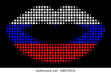 Halftone Sexy Lips icon colored in Russia state flag colors on a dark background. Vector mosaic of sexy lips icon composed from spheric elements.