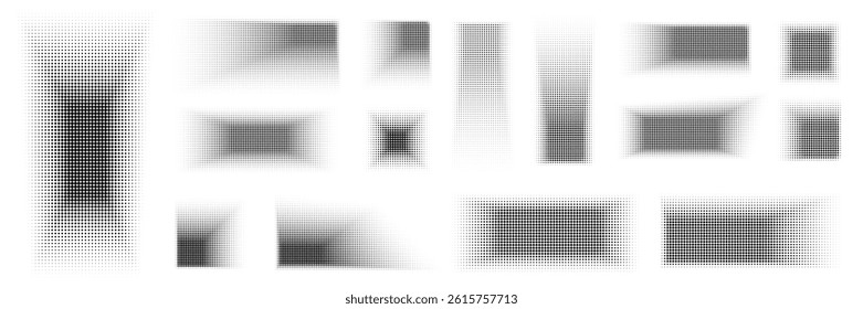 Halftone shadow dotwork set. Grain noise gradient squares. Dotted vector elements