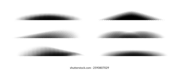 Halftone shadow set. Black dotted gradient stripes collection. Half tone textured shades pack for divide and separate. Horizontal pixelated grain line patterns. Vector noise dots and particles strips