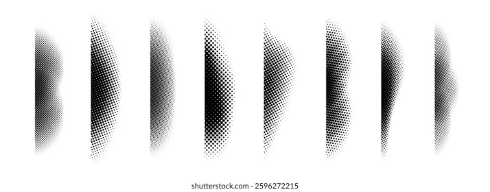 Halftone shadow set. Black dotted gradient stripe collection. Vertical pixel grain line patterns. Half tone textured shade pack for divide and separate. Vector noise dots and particles elements