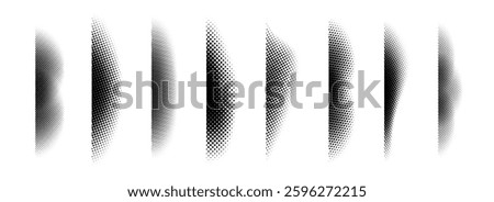 Halftone shadow set. Black dotted gradient stripe collection. Vertical pixel grain line patterns. Half tone textured shade pack for divide and separate. Vector noise dots and particles elements