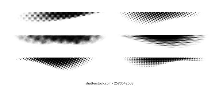 Halftone shadows set. Black dotted gradient stripes collection. Horizontal pixelated grain line patterns. Half tone textured shades pack for divide and separate. Vector noise dots and particles strips