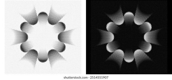 Halftone shape as icon or background. Abstract floral vector with dots as logo or emblem. Black shape on a white background and the same white shape on the black side.