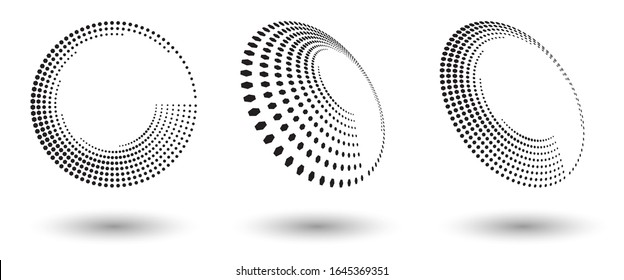 Halftone shapes, abstract dots logo emblem design element for any project. Round icon or backgroud. Vector EPS10 illustration. Abstract dotted halftone vector with differents perspective