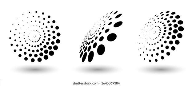 Halftone shapes, abstract dots logo emblem design element for any project. Round icon or backgroud. Vector EPS10 illustration. Abstract dotted halftone vector with differents perspective