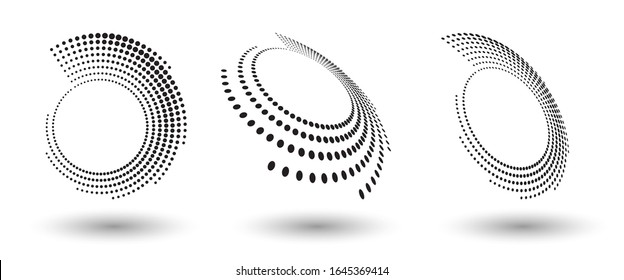 Halftone shapes, abstract dots logo emblem design element for any project. Round icon or backgroud. Vector EPS10 illustration. Abstract dotted halftone vector with differents perspective