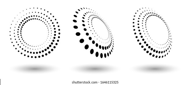 Halftone shapes, abstract dots logo emblem or design element for any project. Round icon or backgroud. Vector EPS10 illustration. Abstract dotted halftone vector with differents perspective