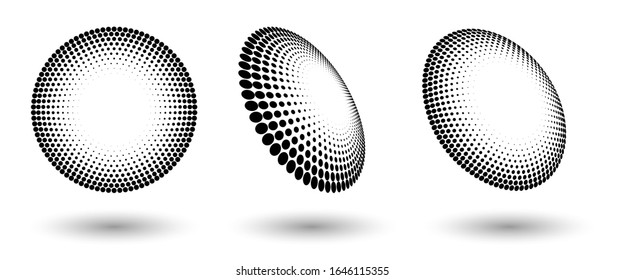 Halftone shapes, abstract dots logo emblem or design element for any project. Round icon or backgroud. Vector EPS10 illustration. Abstract dotted halftone vector with differents perspective