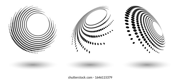 Halftone shapes, abstract dots logo emblem or design element for any project. Round icon or backgroud. Vector EPS10 illustration. Abstract dotted halftone vector with differents perspective