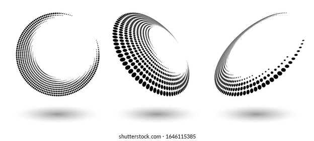 Halftone shapes, abstract dots logo emblem or design element for any project. Round icon or backgroud. Vector EPS10 illustration. Abstract dotted halftone vector with differents perspective