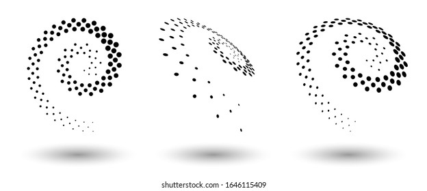 Halftone shapes, abstract dots logo emblem or design element for any project. Round icon or backgroud. Vector EPS10 illustration. Abstract dotted halftone vector with differents perspective