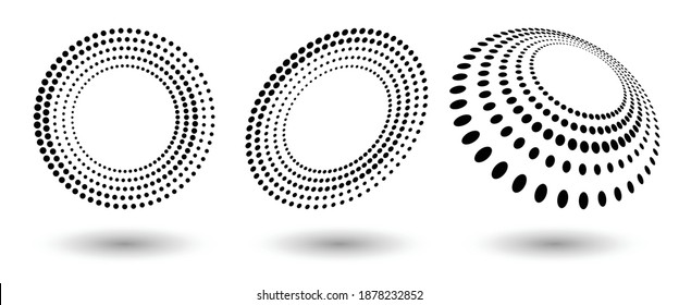 Halftone formt, abstrakte Punkte Logo-Emblem oder Design-Element für jedes Projekt. Rund Symbol oder Hintergrund. Vektorgrafik EPS10. Abstrakter gepunkteter Halbtonvektor mit unterschiedlicher Perspektive