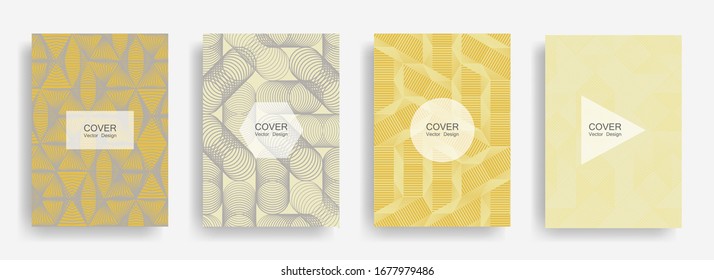 Halftone shapes business booklet covers vector design. Background patterns with halftone triangle, circle, polygon geometric shapes texture. Dynamic banners set. Corporate brochure covers design.
