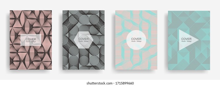 Halftone shapes business booklet covers vector design. Background patterns with halftone triangle, circle, polygon geometric shapes grid. Minimalist banners set. Corporate brochure covers design.
