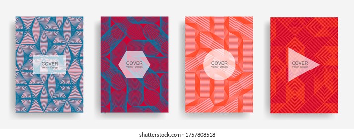 Halftone shapes business booklet covers vector design. Background patterns with halftone triangle, circle, polygon geometric shapes. Minimalist banners set. Technical geometric design.