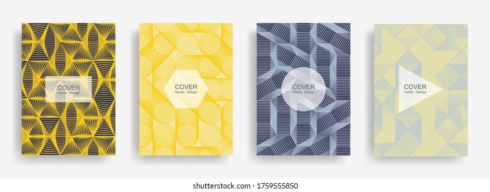 Halftone shapes business booklet covers vector design. Background patterns with halftone triangle, circle, polygon geometric shapes grid. Creative banners set. Notepad covers geometric design.