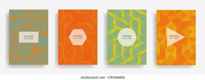 Halftone shapes business booklet covers vector design. Background patterns with halftone triangle, circle, polygon geometric shapes. Dynamic banners set. Notepad covers geometric design.