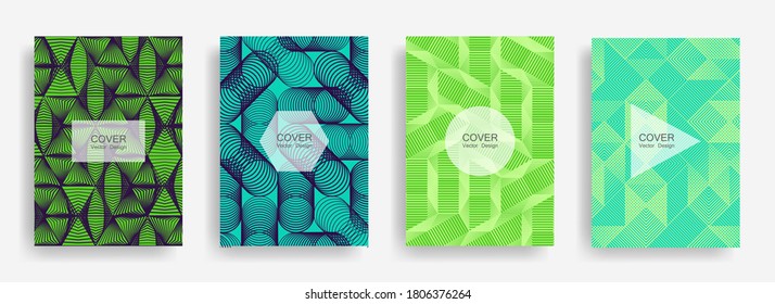 Halftone shapes business booklet covers vector design. Background patterns with halftone triangle, circle, polygon geometric shapes. Cool banners set. Technical geometric design.