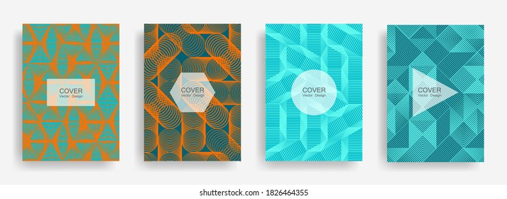 Halftone shapes business booklet covers vector design. Background patterns with halftone triangle, circle, hexagon, rhombus geometric shapes. Minimalist banners set. Folders geometric design.