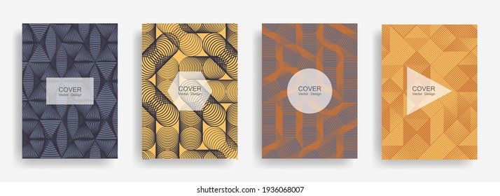 Halftone shapes business booklet covers vector design. Background patterns with halftone triangle, circle, polygon geometric shapes grid. Dynamic banners set. Technical geometric design.