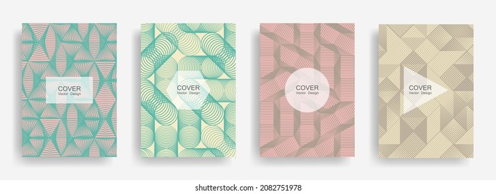 Halftone shapes business booklet covers vector design. Background patterns with halftone triangle, circle, hexagon, rhombus geometric shapes. Minimal banners set. Linear geometry covers design.
