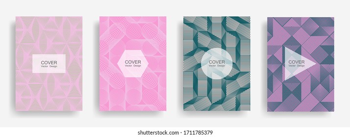 Halftone shapes business brochure covers vector design. Background patterns with halftone triangle, circle, hexagon, rhombus geometric shapes. Creative banners set. Notepad covers geometric design.