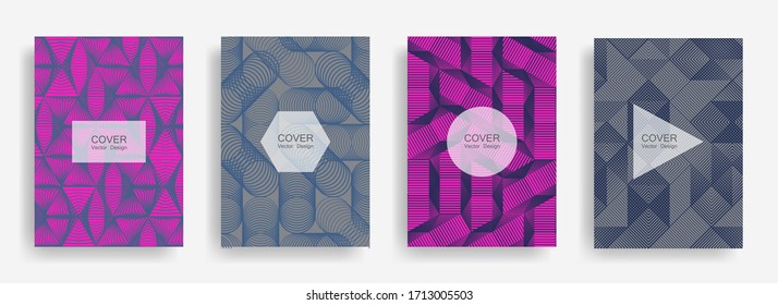 Halftone shapes business brochure covers vector design. Background patterns with halftone triangle, circle, polygon geometric shapes texture. Minimal banners set. Folders geometric design.