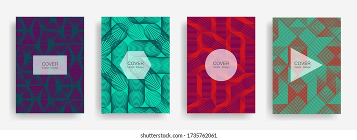 Halftone shapes business brochure covers vector design. Background patterns with halftone triangle, circle, polygon geometric shapes. Digital banners set. Notepad covers geometric design.