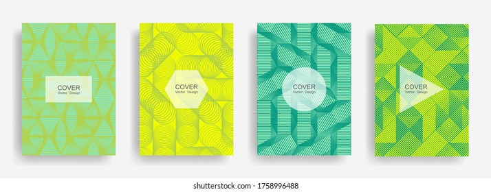 Halftone shapes business brochure covers vector design. Background patterns with halftone triangle, circle, polygon geometric shapes. Tech banners set. Corporate brochure covers design.