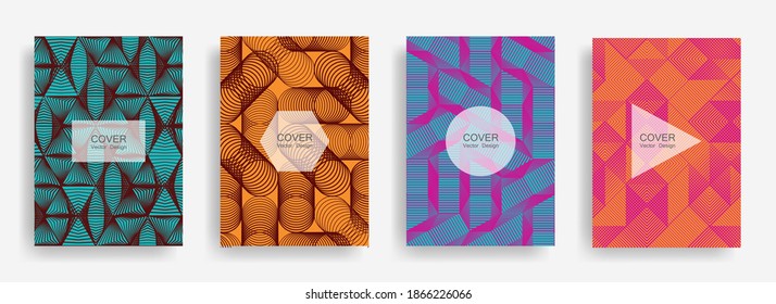 Halftone shapes business brochure covers vector design. Background patterns with halftone triangle, circle, hexagon, rhombus geometric shapes. Digital banners set. Corporate brochure covers design.