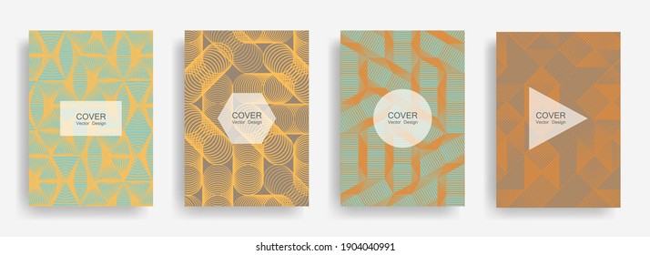 Halftone Shapes Business Brochure Covers Vector Design. Background Patterns With Halftone Triangle, Circle, Polygon Geometric Shapes Grid. Dynamic Banners Set. Notepad Covers Geometric Design.