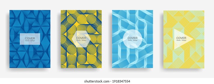 Halftone shapes business brochure covers vector design. Background patterns with halftone triangle, circle, polygon geometric shapes texture. Minimal banners set. Technical geometric design.