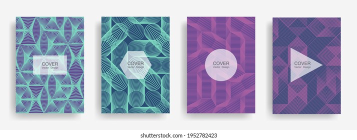 Halftone shapes business brochure covers vector design. Background patterns with halftone triangle, circle, polygon geometric shapes. Abstract banners set. Technical geometric design.