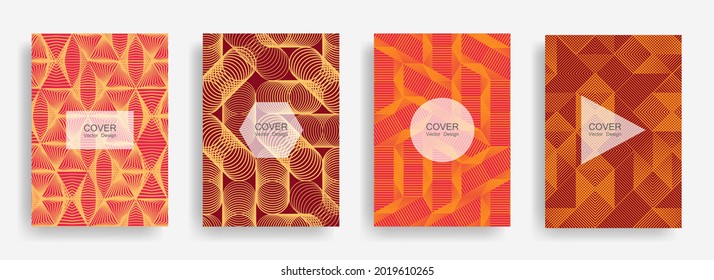 Halftone shapes business brochure covers vector design. Background patterns with halftone triangle, circle, polygon geometric shapes grid. Abstract banners set. Technical geometric design.