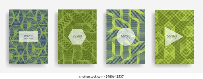 Halftone shapes business brochure covers vector design. Background patterns with halftone triangle, circle, hexagon, rhombus geometric shapes. Creative banners set. Linear geometry covers design.