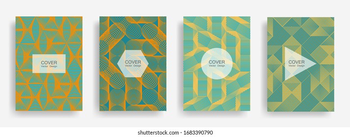 Halftone shapes business catalog covers vector design. Background patterns with halftone triangle, circle, polygon geometric shapes texture. Cool banners set. Folders geometric design.