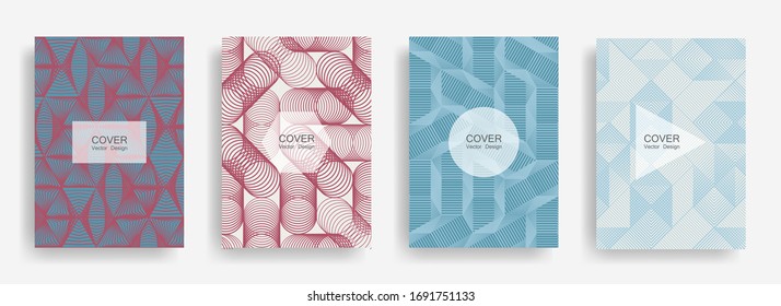 Halftone shapes business catalog covers vector design. Background patterns with halftone triangle, circle, polygon geometric shapes grid. Futuristic banners set. Linear geometry covers design.