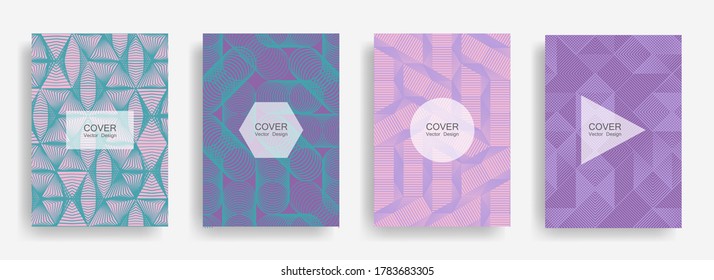 Halftone shapes business catalog covers vector design. Background patterns with halftone triangle, circle, polygon geometric shapes grid. Cool banners set. Folders geometric design.
