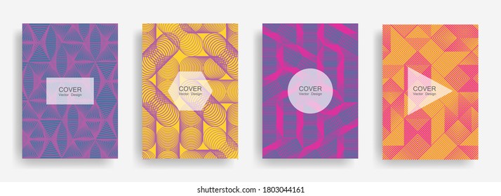 Halftone shapes business catalog covers vector design. Background patterns with halftone triangle, circle, hexagon, rhombus geometric shapes. Cool banners set. Corporate brochure covers design.
