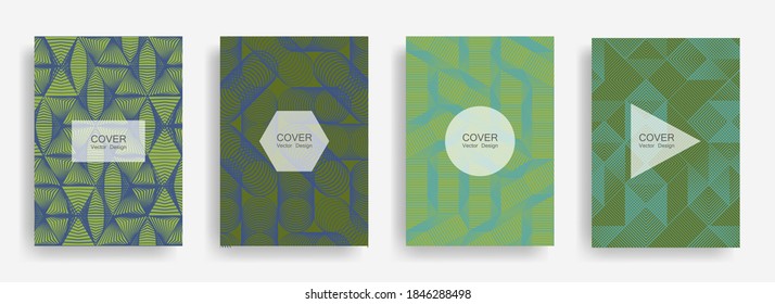 Halftone shapes business catalog covers vector design. Background patterns with halftone triangle, circle, polygon geometric shapes texture. Cool banners set. Linear geometry covers design.