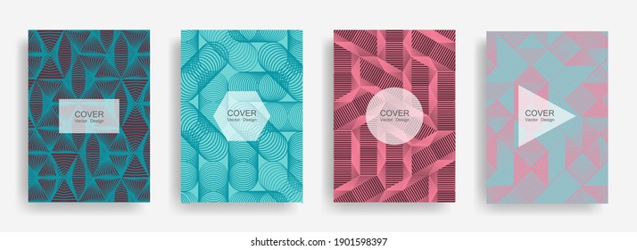 Halftone shapes business catalog covers vector design. Background patterns with halftone triangle, circle, hexagon, rhombus geometric shapes. Futuristic banners set. Linear geometry covers design.