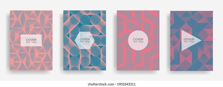 Halftone shapes business catalog covers vector design. Background patterns with halftone triangle, circle, polygon geometric shapes texture. Dynamic banners set. Technical geometric design.
